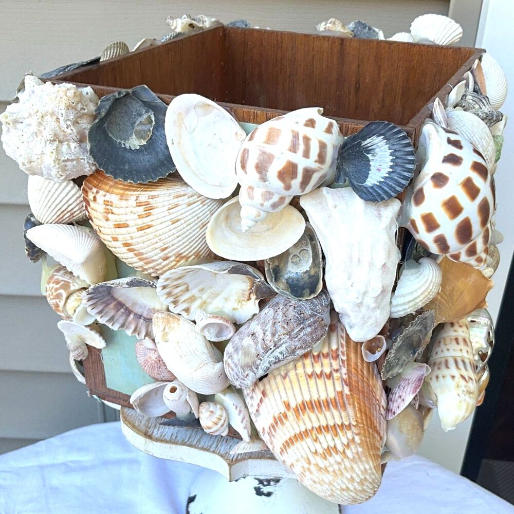 Vintage Seashell Encrusted Wastebasket Shell Art Coastal Cottage Beach Decor